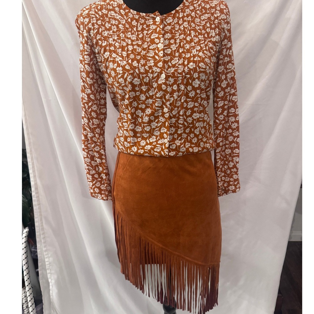 Unbranded Rust Brown Faux Suede‎ Asymmetrical Fringe Mini Skirt Western Small